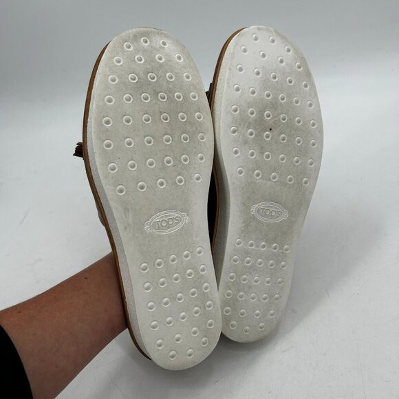 TOD'S Brown Cognac Leather Fringe Tassel Slip On Platform Sandals Shoes Size 10 - Picture 9 of 9